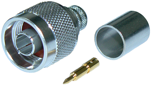 Low P.I.M. N-type male solder pin crimp connector plug for RU400/RG8 – tri-metal plated